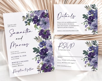 Purple Floral Wedding Invitation Printed, floral invitation, purple flowers, watercolor, pastel wedding, spring wedding invite, W190