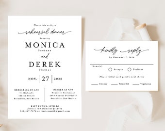 Simple Rehearsal Dinner Invitation with RSVP card printed, black and white, minimalist, modern wedding rehearsal invite, elegant, R101