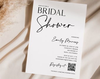 Bridal Shower Invitations with QR code Printed, With Envelopes, modern bridal shower, simple bridal shower, black and white invite, B110