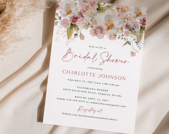 Wildflower Bridal Shower Invite Printed, spring bridal shower, printed invitations, wedding shower, elegant invitation, watercolor, B161