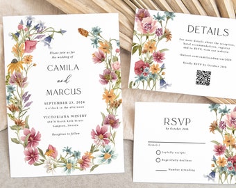 Wildflower Wedding Invitation Printed, summer wedding, jewel tone, boho wedding, floral invite, outdoor, garden invitation suite, RSVP, W209