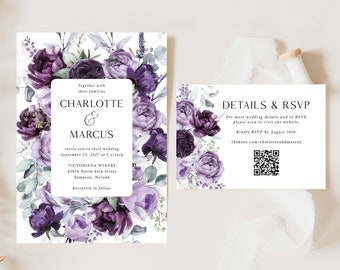 Purple Wedding Invitation Suite printed, qr code, dark purple, purple floral, with envelopes, RSVP card, wedding details card, fall, W104