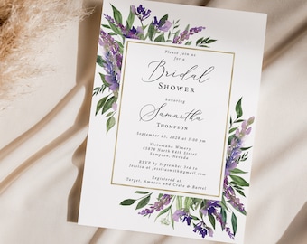 Purple Bridal Shower Invitation Printed, includes envelopes, purple floral shower, purple and gold, B132