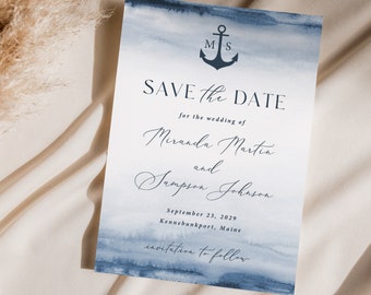 Nautical Save the Date Card printed, with envelopes, anchor watercolor save the date, navy wedding, beach wedding, S118