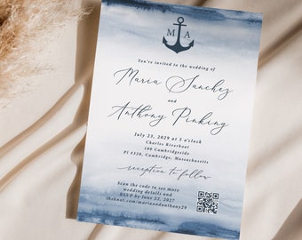 Anchor Monogram Wedding Invite with QR printed, nautical wedding, blue and white, cruise invitation, watercolor, sailing boat wedding, W114