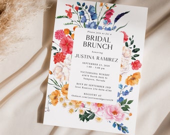 Wildflower Bridal Brunch Invitations Printed, With Envelopes, bridal brunch invite, summer bridal shower, bright floral bridal shower, B108