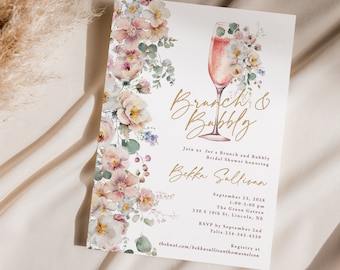 Brunch and Bubbly Bridal Shower Invitations Printed, floral bridal shower, wildflowers, brunch invitation, bridal brunch, champagne, B129