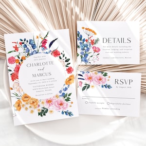 Wildflower Wedding Invitation Suite Printed, floral wedding invite, spring wedding invite, bright floral wedding invite, W165