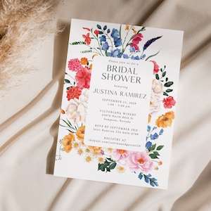 Wildflower Bridal Shower Invitations Printed, With Envelopes, spring bridal shower, summer bridal shower, bright floral bridal shower, B115