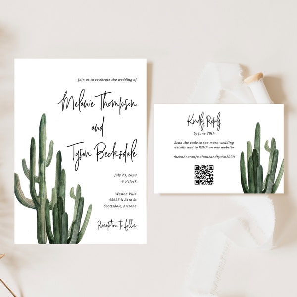 Cactus Wedding Invitation with QR code printed, desert wedding, Arizona wedding, qr code invite, wedding suite, boho wedding, W133