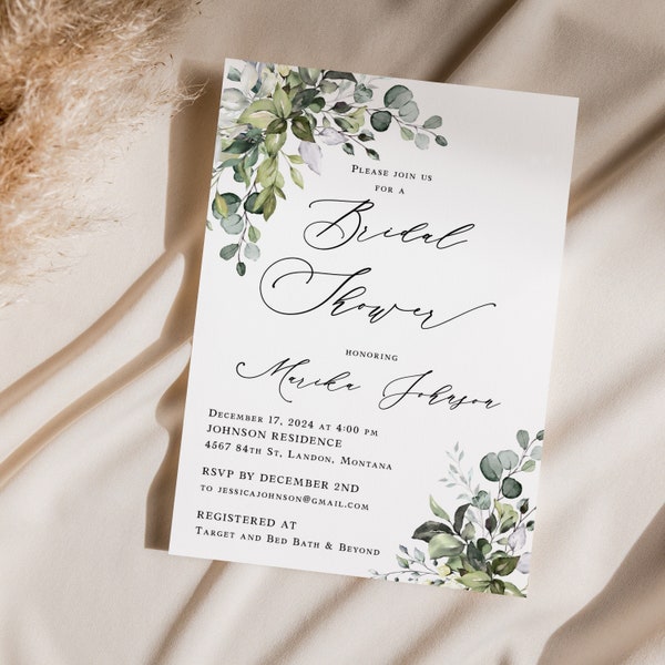 Printed Bridal Shower Invitations Printed, With Envelopes, eucalyptus bridal shower, printed bridal shower, elegant bridal shower, B114