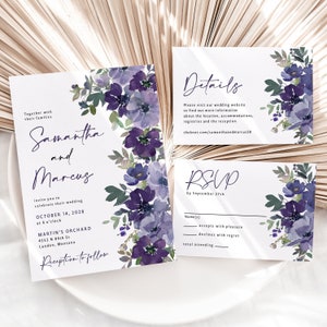 Purple Floral Wedding Invitation Printed, floral invitation, purple flowers, watercolor, pastel wedding, spring wedding invite, W190