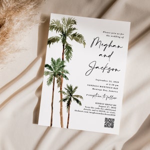 Tropical Wedding Invitation with QR code printed, with envelopes, destination wedding, beach wedding, Hawaii invitation, Palm tree, W170
