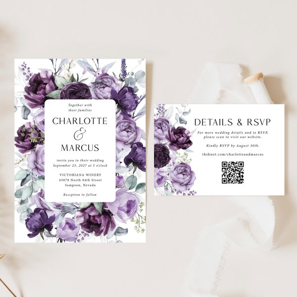 Purple Wedding Invitation Suite printed, qr code, dark purple, purple floral, with envelopes, RSVP card, wedding details card, fall, W104