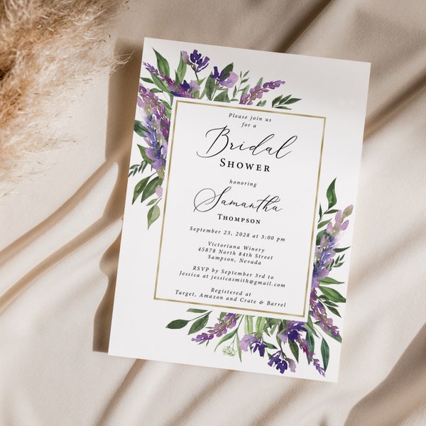 Purple Bridal Shower Invitation Printed, includes envelopes, purple floral shower, purple and gold, B132