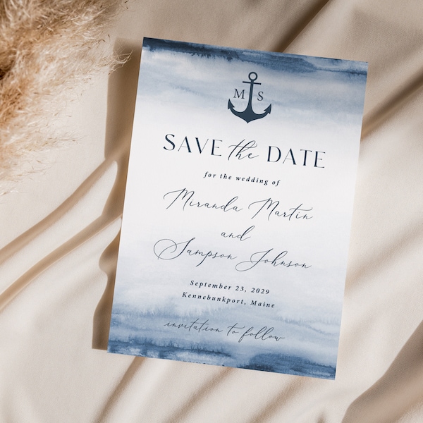 Nautical Save the Date Card printed, with envelopes, anchor watercolor save the date, navy wedding, beach wedding, S118