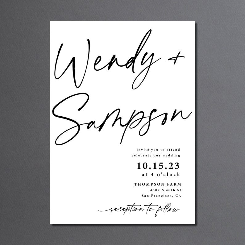 Conjunto de invitación de boda sencilla impresa: RSVP por correo, tarjeta de detalles, blanco y negro, W155 imagen 6