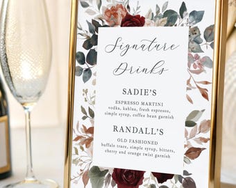 Burgundy Floral Signature Cocktails Sign Printed: Fall or Winter Wedding 8x10, 5x7, 4x6, WS137