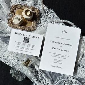 Monogram Wedding Invitation with QR code Printed: simple invite suite, RSVP details card