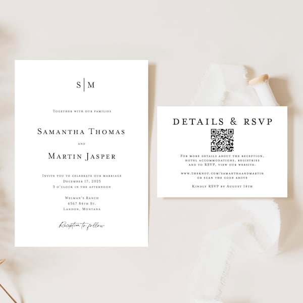 Monogram Wedding Invitation with QR code Printed, simple wedding invite suite, minimal wedding invite, no RSVP card, black and white, W142