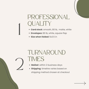 The image is a list of features or characteristics for a professional quality card stock, envelopes, and turnaround times.