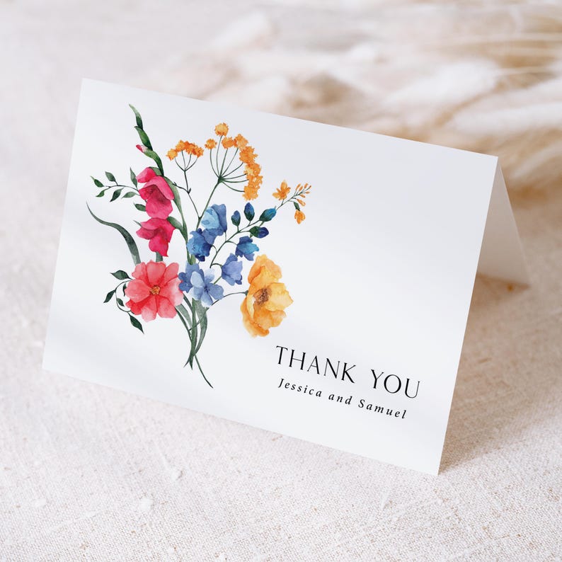Wildflowers Thank You Card Printed, wedding or bridal shower, Personalized, folded with Envelopes