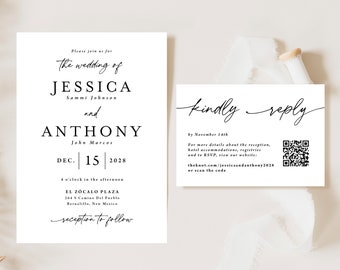 Simple Wedding Invitation with QR code Printed, black and white wedding invitation suite, rsvp qr code, minimalist wedding, modern, W202