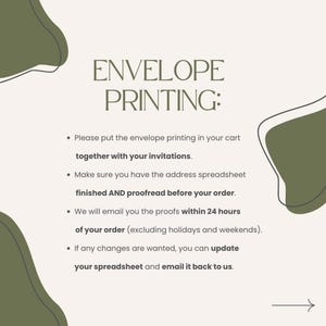 May include: A graphic with green abstract shapes and white text that reads "ENVELOPE PRINTING:". The text below the title provides instructions for ordering envelope printing, including adding it to the cart with invitations, proofreading the address spreadsheet, and receiving proofs within 24 hours.