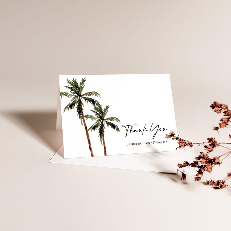 Palm Tree Wedding Thank You Card Printed, Folded with Envelopes, tropical destination, T123 image 4