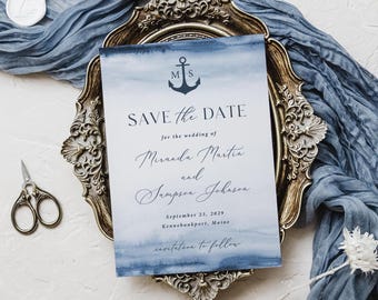 Nautical Save the Date Card printed and personalized, with envelopes, navy anchor, beach wedding S118
