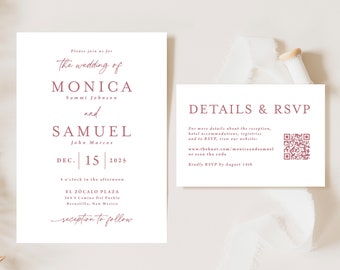 Rose Gold Wedding Invitation with QR code Printed, wedding invite suite, rose gold invitation, qr rsvp card, W152