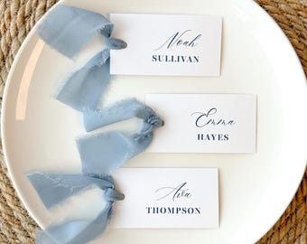 Dusty Blue Place Cards with Ribbon printed: wedding reception, shower, personalized name tags,  RPC111