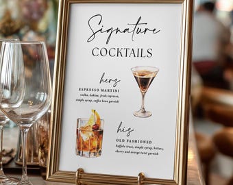 Signature Drinks Wedding Sign Watercolor Artwork Printed: Bar Menu Reception Decoration, Party Event WS142