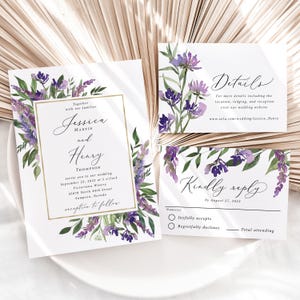 Purple and Gold Wedding Invitation Suite printed: mail in RSVP details card, floral,