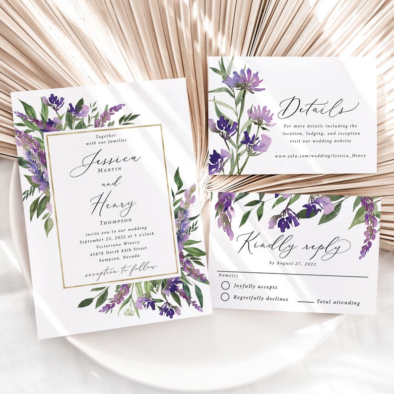 Purple and Gold Wedding Invitation Suite printed: mail in RSVP details card, floral,