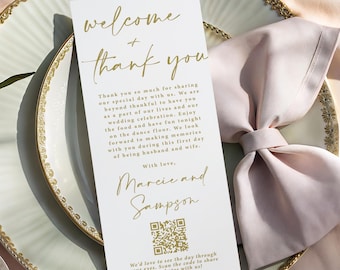 Gold Wedding Thank You Card Printed, qr code photo sharing, plate reception welcome, T208
