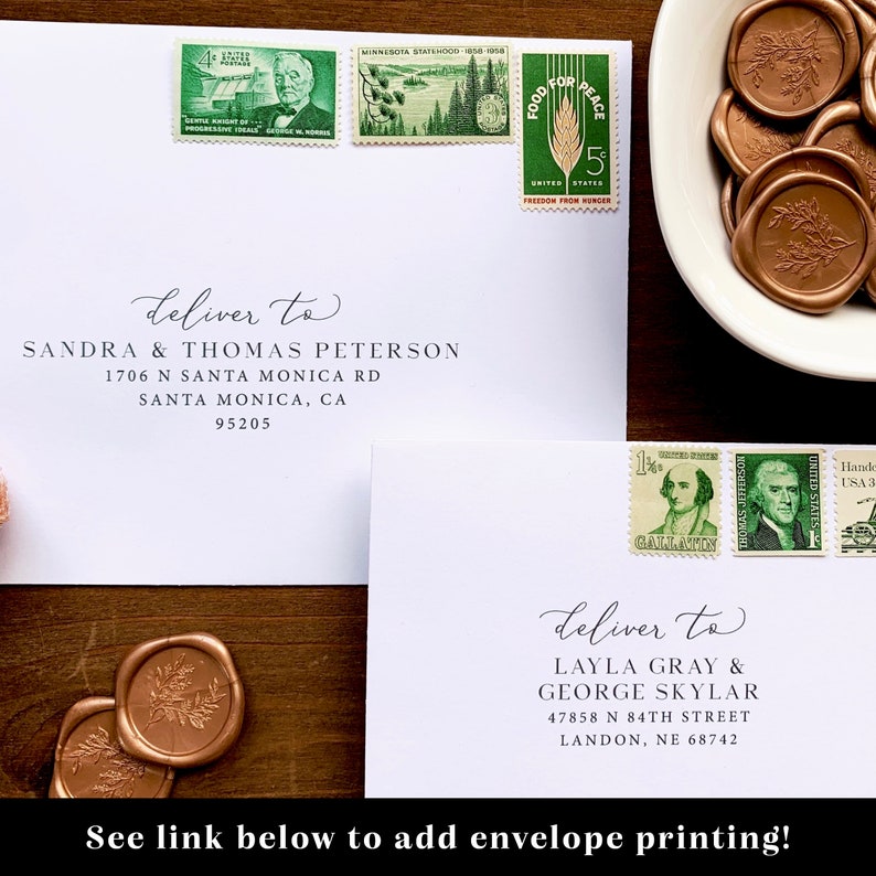 May include: Two white envelopes with calligraphy that reads "deliver to" followed by an address. The envelopes are on a wooden surface with a bowl of copper wax seals.