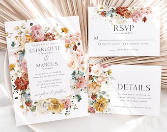 Pastel Wildflower Wedding Invitation Suite printed, with envelopes, spring wedding invite, pastel florals, flowers, watercolor floral, W167