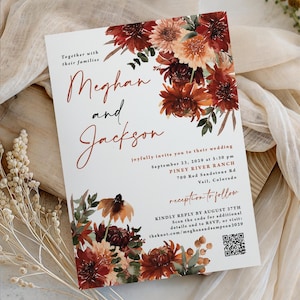 Terracotta Fall Wedding Invitation with QR Code RSVP: Burnt Orange Floral, includes envelopes, W123