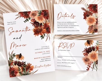 Terracotta Wedding Invitation printed, floral wedding, rust wedding invitation, boho invitation suite, with envelopes, burnt orange, W130