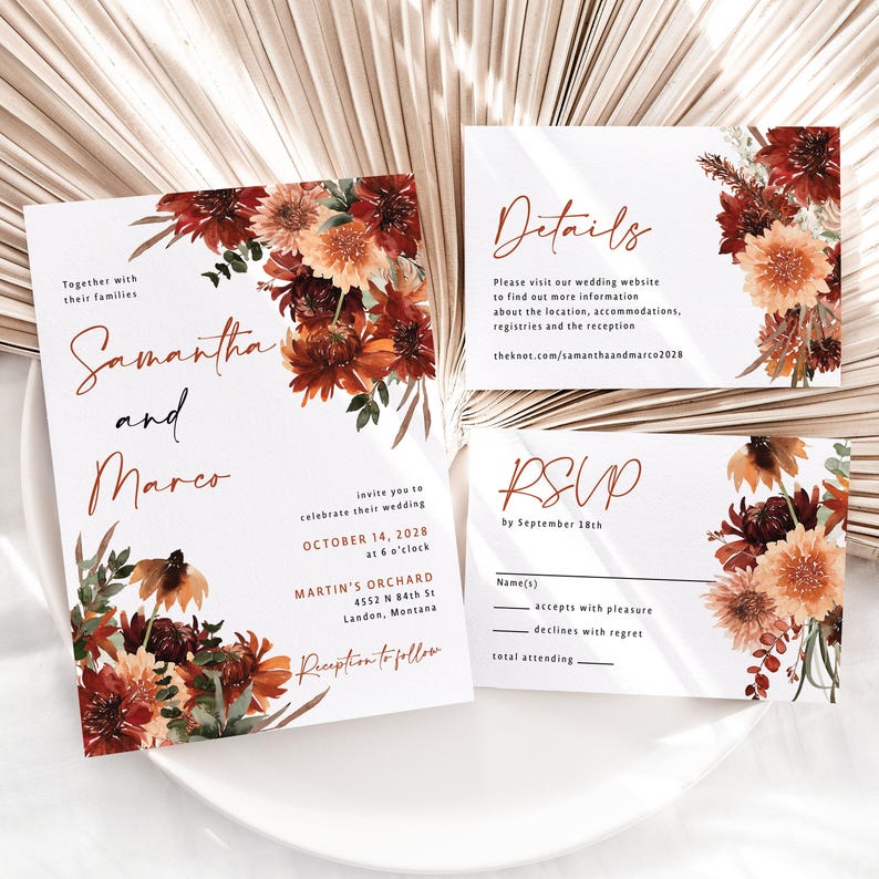 Terracotta Wedding Invitation suite printed: RSVP and details card, fall floral wedding