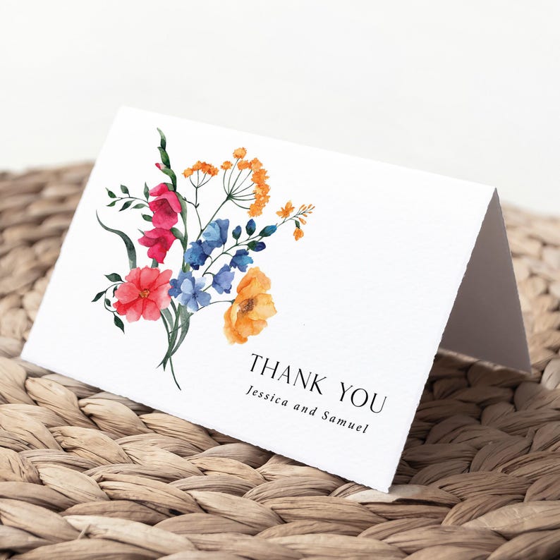 Wildflowers Thank You Card Printed, wedding or bridal shower, Personalized, folded with Envelopes, T125 画像 6