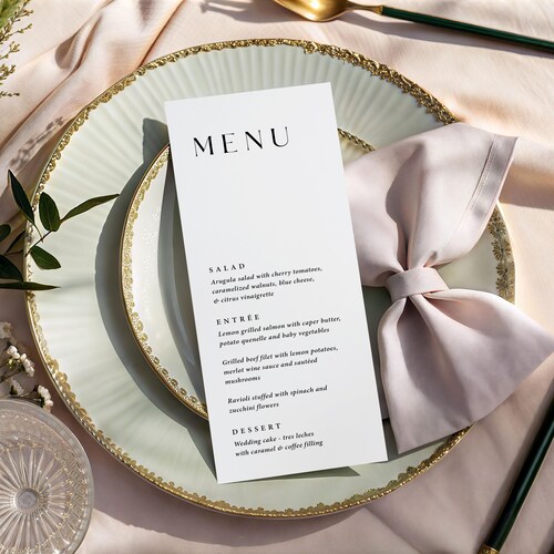 Menú sencillo impreso para recepción de boda, cena de ensayo personalizada, blanco y negro, fiesta de cumpleaños, M111