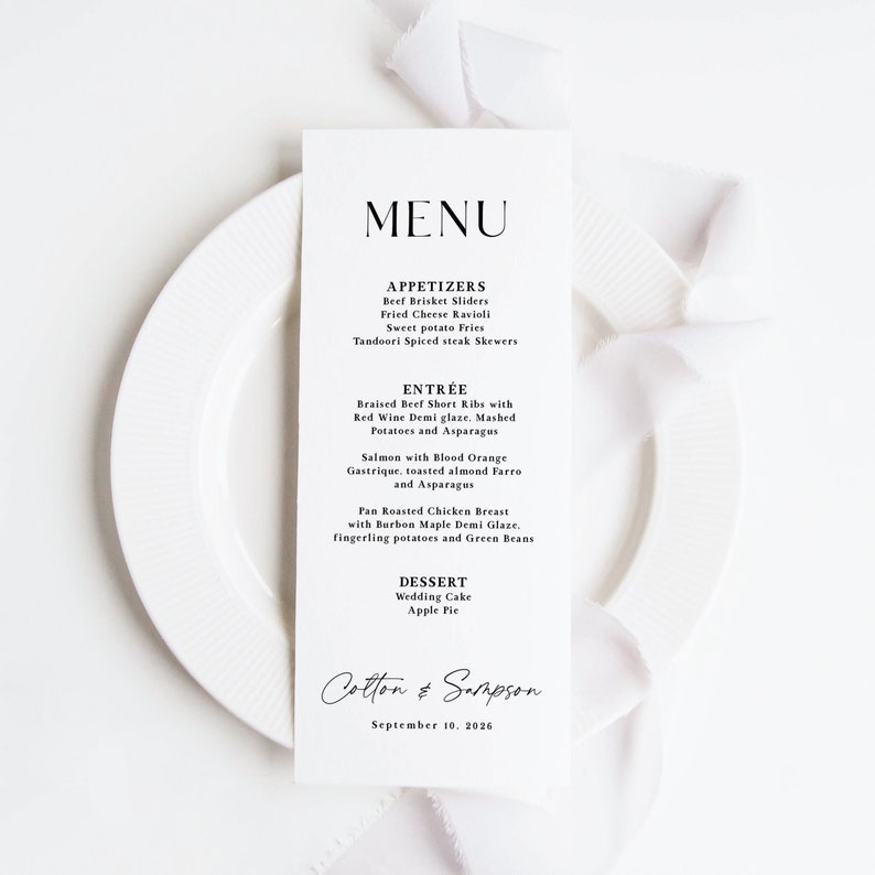 Printed Wedding Menu printed, dinner menu cards, reception menu, wedding reception, black and white wedding menu, M101 image 1