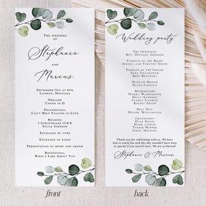 Eucalyptus Wedding Program Printed and Personalized: church order of ceremony, wedding party P108