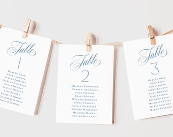 Dusty Blue Wedding Seating Chart Cards Personalized and Printed: Classic Calligraphy Script, SC140