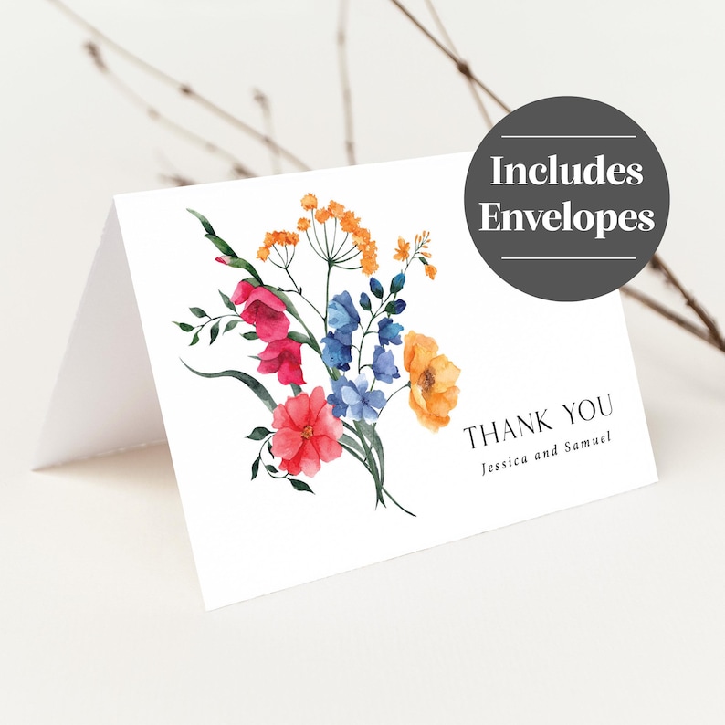 Wildflowers Thank You Card Printed, wedding or bridal shower, Personalized, folded with Envelopes, T125 画像 4