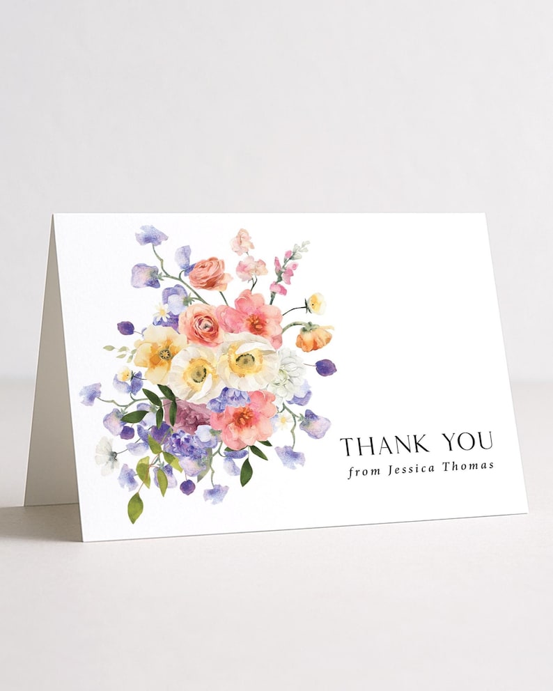 Floral Bridal Shower Thank You Card Printed and Personalized: with Envelopes, pastel wildflowers