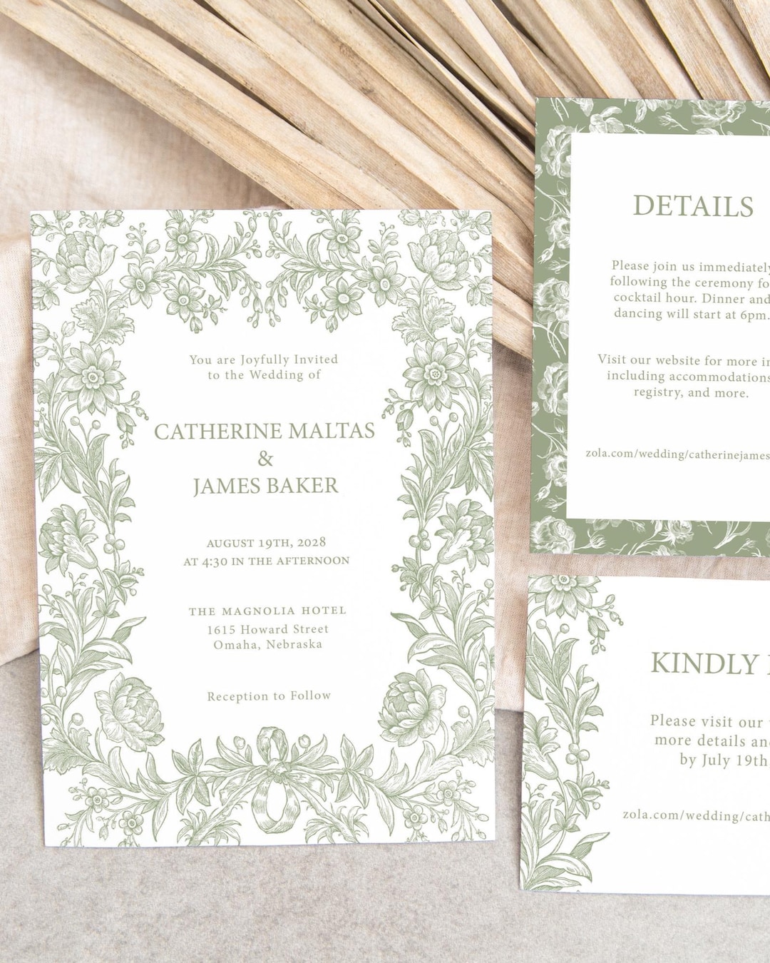 Sage Green Wedding Invitation Suite Printed: Floral Details Card and ...