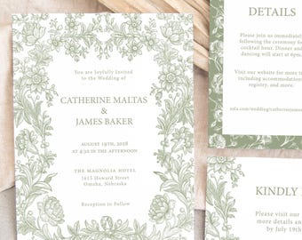 Sage Green Wedding Invitation Suite Printed: floral details card and rsvp, with envelopes W285